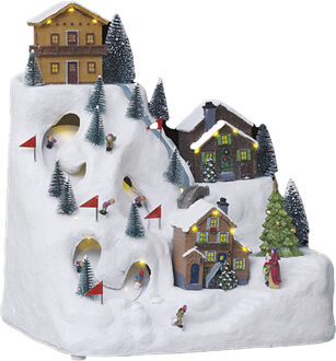 Feeric lights & Christmas Kerstdorp kerst tafereel - skipiste - met verlichting, muziek, beweging - 34,5 cm - polyresin Multi