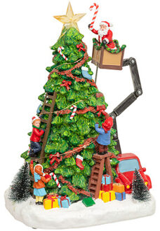 Feeric lights & Christmas Kerstdorp kerstboom en kerstman - 27 led - muziek en beweging - 39 cm - lichtgevend - polyresin