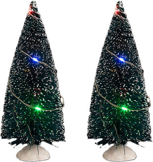 Feeric lights & Christmas Kerstdorp mini kerstboompjes - 2x st - 15 cm - verlicht - 20 gekleurde LED lampjes