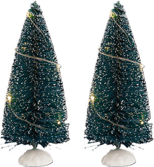Feeric lights & Christmas Kerstdorp mini kerstboompjes - 2x st - 15 cm - verlicht - 20 witte LED lampjes Groen