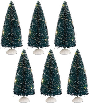 Feeric lights & Christmas Kerstdorp mini kerstboompjes - 6x st - 15 cm - verlicht - 20 witte LED lampjes