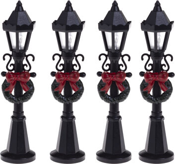Feeric lights & Christmas Kerstdorp straatlantaarns/lantaarnpalen - 4x stuks - H10 cm -met licht Zwart