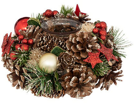 Feeric lights & Christmas Kerststukje met kaarsenhouder - rood tinten - natuur - 19 cm?- tafeldecoratie