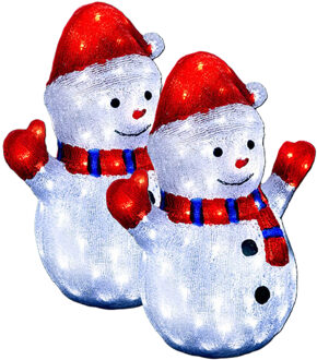 Feeric lights & Christmas Kerstverlichting figuur - 2x - sneeuwpop - H48 cm - 90 led lampjes - solar - voor buiten