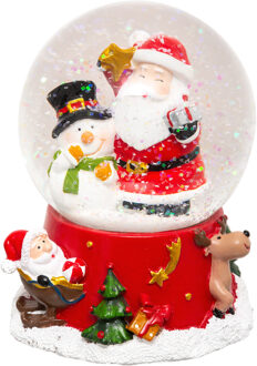 Feeric lights & Christmas Sneeuwbol/snowglobe - rood - met kerstman en sneeuwpop - 10,5 cm - beeldje