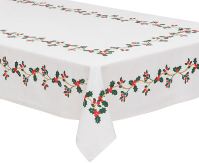 Feeric lights & Christmas Tafelkleed kerst thema - wit met hulst - polyester - 240 x 140 cm