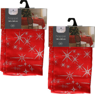Feeric lights & Christmas Tafelkleed/tafellaken - 2x - rood - zilveren sterren - 140 x 240 cm - katoen - rechthoekig