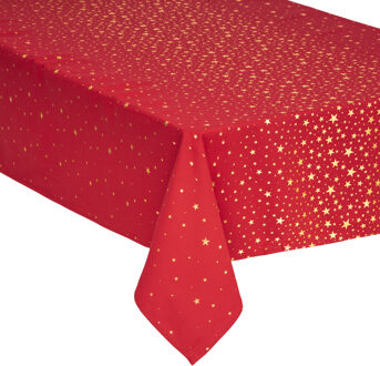 Feeric lights & Christmas Tafelkleed/tafellaken - rood - gouden sterren - 140 x 360 cm - katoen - rechthoekig