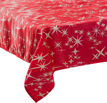 Feeric lights & Christmas Tafelkleed/tafellaken - rood - zilveren sterren - 140 x 240 cm - katoen - rechthoekig