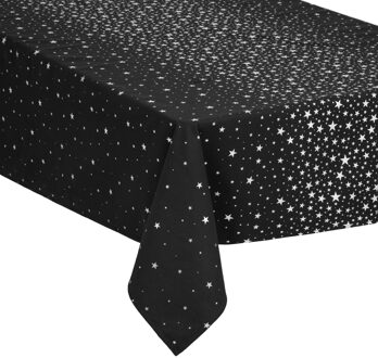 Feeric lights & Christmas Tafelkleed/tafellaken - zwart - zilveren sterren - 140 x 360 cm - katoen - rechthoekig