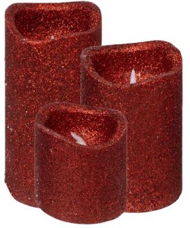 Feeric lights LED kaarsen set - 3x stuks - rood glitter - LED kaarsen