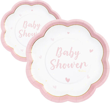 Feest/babyshower bordjes - geboorte - 16x - roze - bloem vorm - papier/karton - 20 cm
