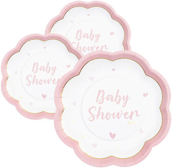 Feest/babyshower bordjes - geboorte - 24x - roze - bloem vorm - papier/karton - 20 cm