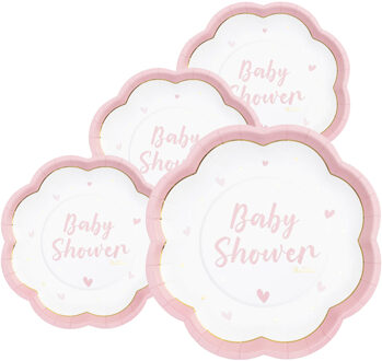 Feest/babyshower bordjes - geboorte - 32x - roze - bloem vorm - papier/karton - 20 cm