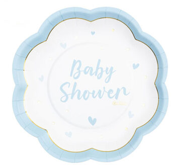 Feest/babyshower bordjes - geboorte - 8x - blauw - bloem vorm - papier/karton - 20 cm