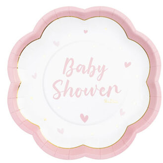 Feest/babyshower bordjes - geboorte - 8x - roze - bloem vorm - papier/karton - 20 cm