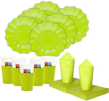 Feest BBQ bordjes/bekertjes/servetten set New Wave - 16 personen - lime groen - papier/karton