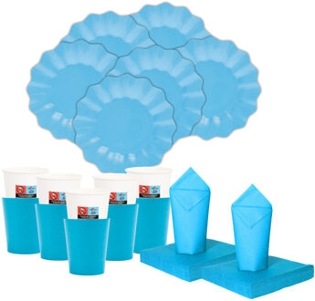 Feest BBQ bordjes/bekertjes/servetten set New Wave - 16 personen - turquoise blauw - papier/karton