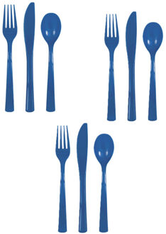Feest bestek setje - 12 personen - herbruikbaar kunststof - donkerblauw - messen/vorken/lepels