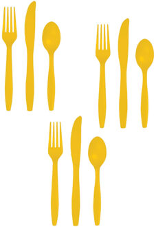 Feest bestek setje - 12 personen - herbruikbaar kunststof - geel - messen/vorken/lepels