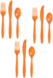Feest bestek setje - 12 personen - herbruikbaar kunststof - oranje - messen/vorken/lepels