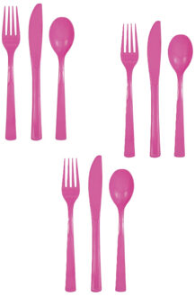Feest bestek setje - 12 personen - herbruikbaar kunststof - roze - messen/vorken/lepels