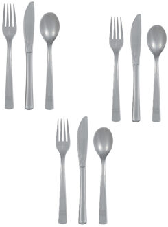 Feest bestek setje - 12 personen - herbruikbaar kunststof - zilver - messen/vorken/lepels