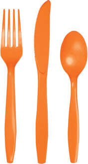 Feest bestek setje - 18-delig - herbruikbaar kunststof - oranje - messen/vorken/lepels