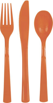 Feest bestek setje - 18-delig - herbruikbaar kunststof - oranje - messen/vorken/lepels