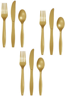Feest bestek setje - 24 personen - herbruikbaar kunststof - goud - messen/vorken/lepels