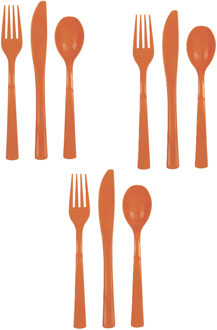 Feest bestek setje - 24 personen - herbruikbaar kunststof - oranje - messen/vorken/lepels