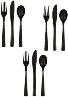 Feest bestek setje - 24 personen - herbruikbaar kunststof - zwart - messen/vorken/lepels