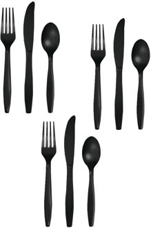 Feest bestek setje - 48 personen - herbruikbaar kunststof - zwart - messen/vorken/lepels