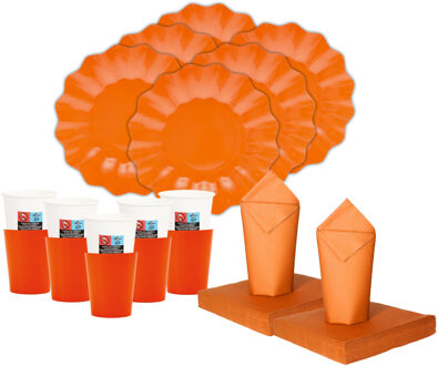 Feest gebaksbordjes/bekertjes/servetten set New Wave - 16 personen - oranje - papier/karton