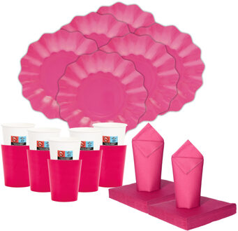 Feest gebaksbordjes/bekertjes set New Wave - 16 personen - fuchsia roze - papier/karton