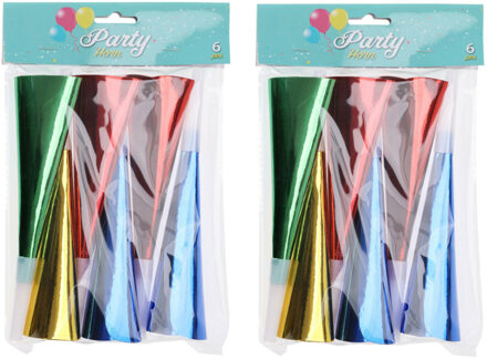 Feest/party toeters - set 12x stuks - metallic papier - 12 cm - feestartikelen verjaardag