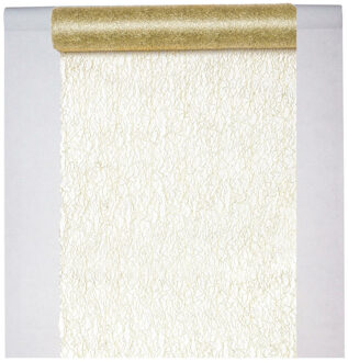 Feest tafelkleed met tafelloper - op rol - wit/goud - 10 meter