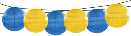 Feest/tuin versiering 6x stuks luxe bol-vorm lampionnen blauw en geel dia 35 cm