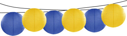 Feest/tuin versiering 6x stuks luxe bol-vorm lampionnen blauw en geel dia 35 cm