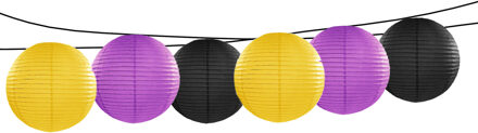 Feest/tuin versiering 6x stuks luxe bol-vorm lampionnen zwart-geel-paars dia 35 cm