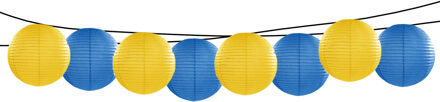 Feest/tuin versiering 8x stuks luxe bol-vorm lampionnen blauw en geel dia 35 cm