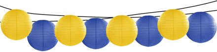 Feest/tuin versiering 8x stuks luxe bol-vorm lampionnen blauw en geel dia 35 cm