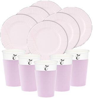 Feest/verjaardag gebaksbordjes/bekertjes set - 32-delig - lavendel paars - rond - papier/karton