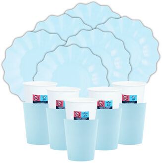 Feest/verjaardag gebaksbordjes/bekertjes set New Wave - 32-delig - babyblauw - rond - karton