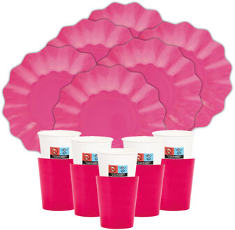 Feest/verjaardag gebaksbordjes/bekertjes set New Wave - 32-delig - fuchsia roze - rond - karton