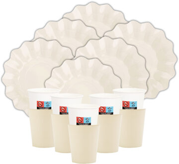 Feest/verjaardag gebaksbordjes/bekertjes set New Wave - 32-delig - ivoor wit - rond - karton