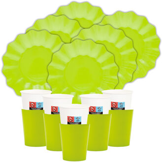Feest/verjaardag gebaksbordjes/bekertjes set New Wave - 32-delig - limegroen - rond - papier/karton