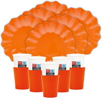 Feest/verjaardag gebaksbordjes/bekertjes set New Wave - 32-delig - oranje - rond - karton