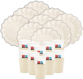 Feest/verjaardag gebaksbordjes/bekertjes set New Wave - 48-delig - ivoor wit - rond - karton