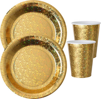 Feest wegwerp servies set - glitter - 10x bordjes / 10x bekers - goud - Feestpakketten